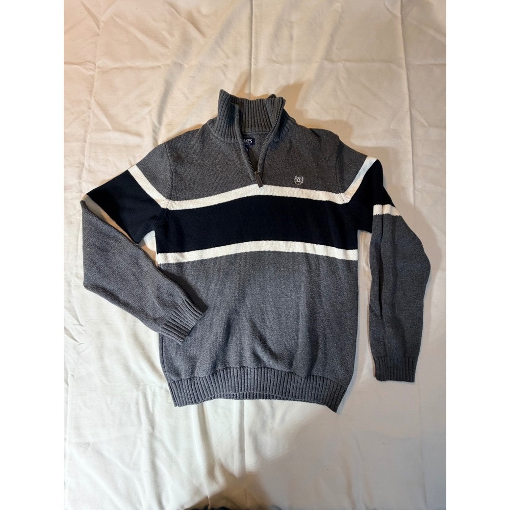 Chaps Boy Grey Navy White Striped Quarter Zip Cotton Sweater Sz L 14/16 HSFDF07F